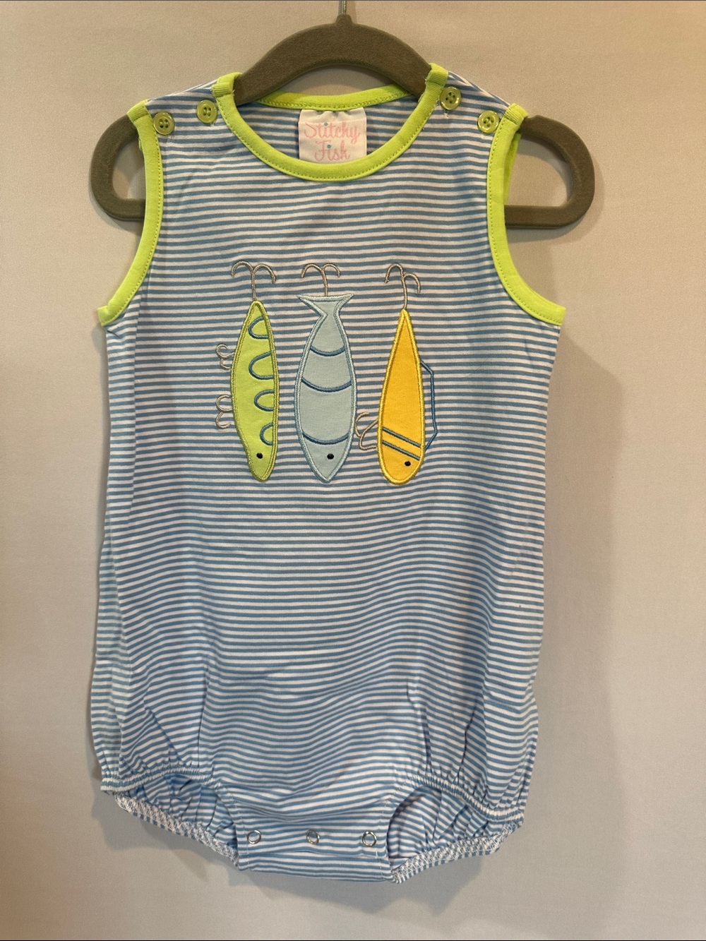 Stitchy Fish Blue Striped Sleeveless One-Piece with Lime Trim